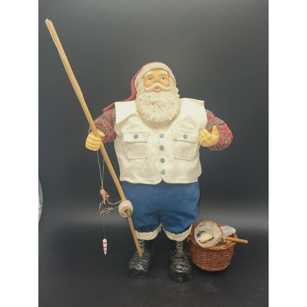 Vintage Fishing Santa Claus Figure 15" Fisherman Resin